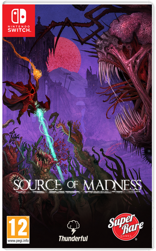 Nintendo Switch Source of Madness van Super Rare Games, doos voorkant met monsters en een rode magiër, tweedehands