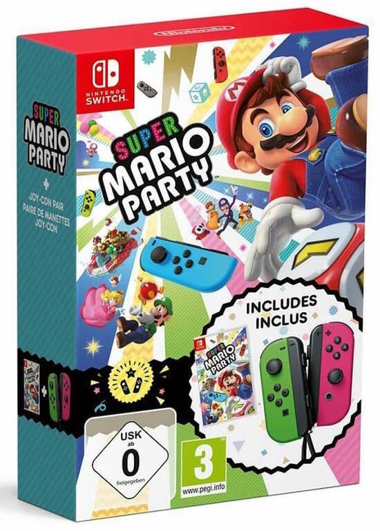 Nintendo Switch Super Mario Party Controller Bundle, bundeldoos voorkant met groen en roze Joy-Con, tweedehands