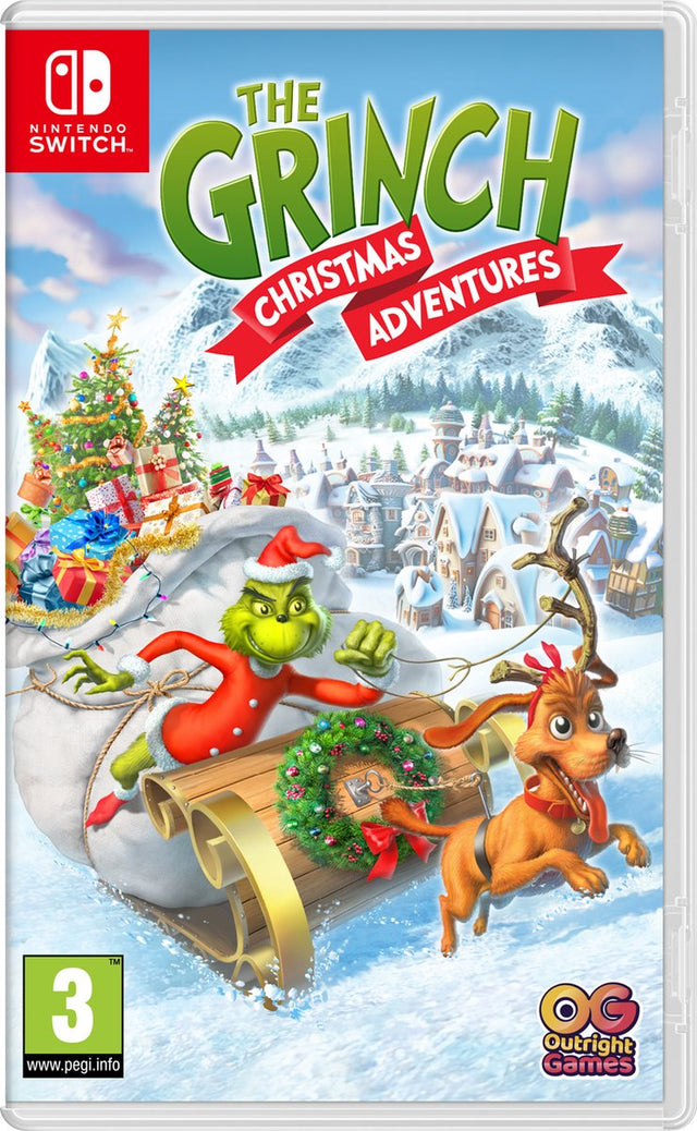 Nintendo Switch The Grinch Christmas Adventures, doos voorkant met de Grinch op een slee, tweedehands