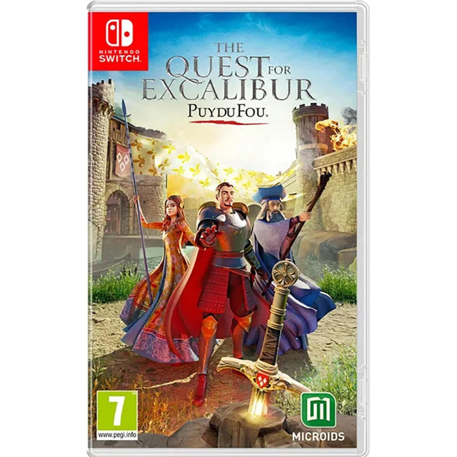 Nintendo Switch The Quest for Excalibur Puy du Fou, doos voorkant met een ridder en het zwaard in de steen