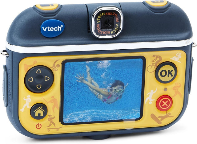 VTech Kidizoom Action Cam 180 kindercamera, blauw met geel, achterkant met scherm en draaibare lens bovenop