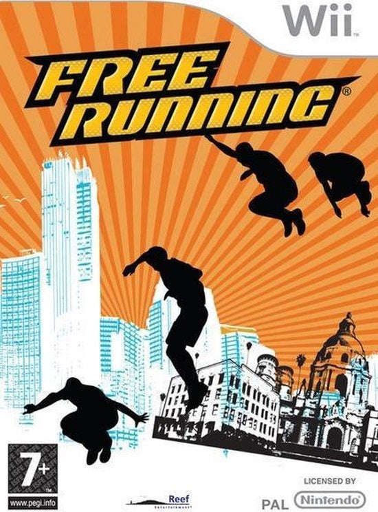 Nintendo Wii Free Running van Reef, oranje doos voorkant met silhouetten van springende lopers, tweedehands