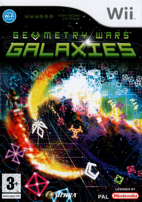 Nintendo Wii Geometry Wars Galaxies van Sierra, zwarte doos voorkant met kleurrijke neonvormen, tweedehands
