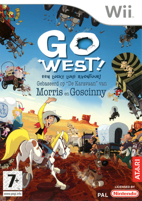 Nintendo Wii Go West Een Lucky Luke Avontuur van Atari, doos voorkant met Lucky Luke te paard en huifkarren, tweedehands