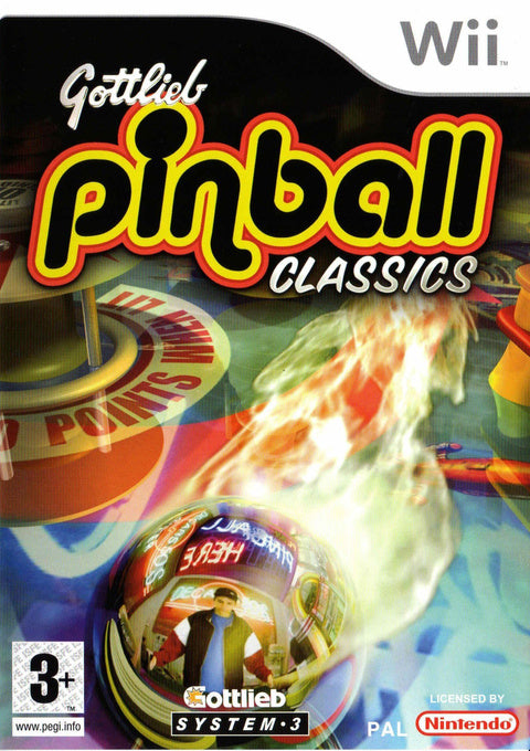 Nintendo Wii Gottlieb Pinball Classics van System 3, flipperkastspel, doos voorkant met flipperkast en vuurbal, tweedehands