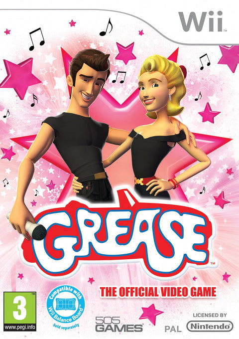 Nintendo Wii Grease The Official Video Game van 505 Games, roze doos voorkant met dansend stel, tweedehands