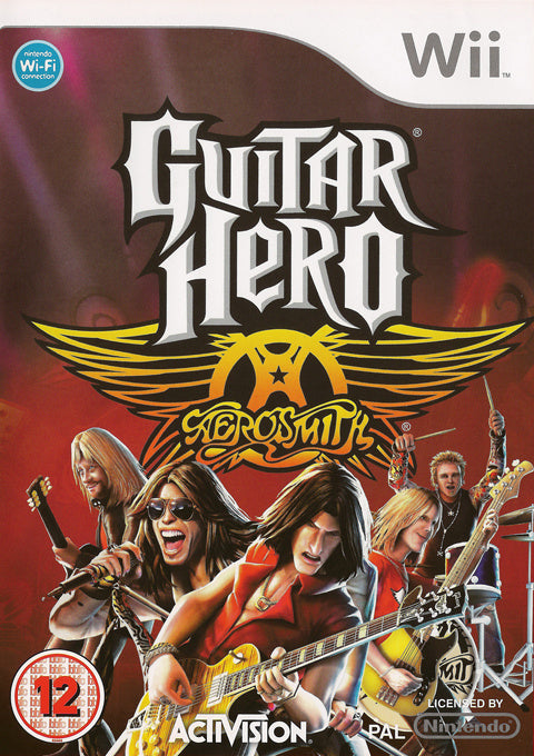 Nintendo Wii Guitar Hero Aerosmith van Activision, doos voorkant met getekende band op het podium, BBFC 12-label, tweedehands