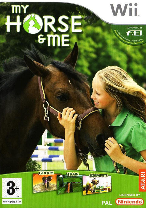 Nintendo Wii My Horse and Me van Atari, paardenspel, doos voorkant met meisje en bruin paard, tweedehands