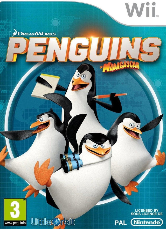 Nintendo Wii DreamWorks Penguins of Madagascar van Little Orbit, doos voorkant met vier pinguïns, tweedehands