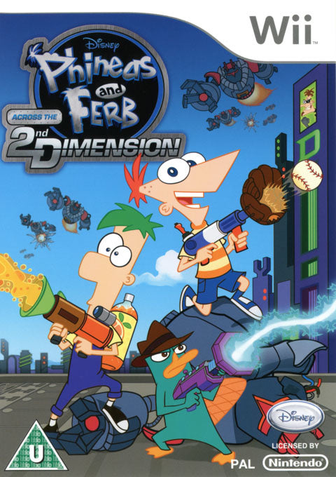 Nintendo Wii Phineas and Ferb Across the 2nd Dimension, doos voorkant met BBFC U-label, tweedehands
