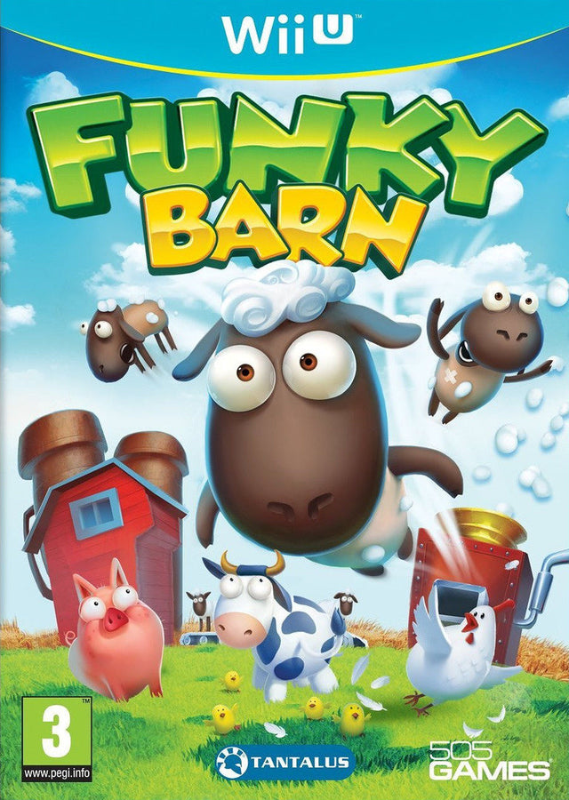 Nintendo Wii U Funky Barn van 505 Games, doos voorkant met een schaap, een koe en een varken op de boerderij, tweedehands