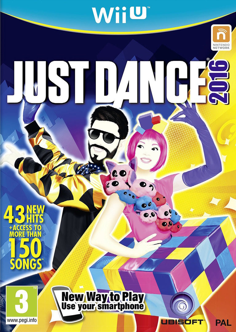 Nintendo Wii U Just Dance 2016 van Ubisoft, doos voorkant met twee dansers en roze knuffeltjes, tweedehands