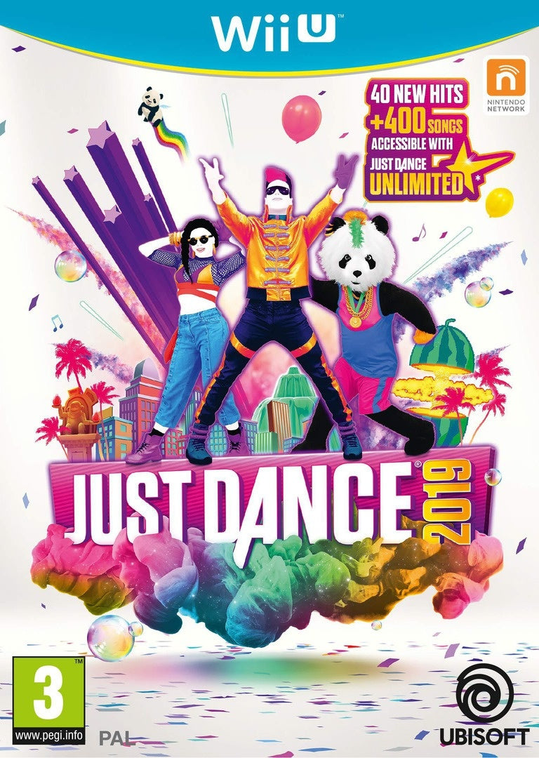 Nintendo Wii U Just Dance 2019 van Ubisoft, doos voorkant met dansers en een panda, tweedehands