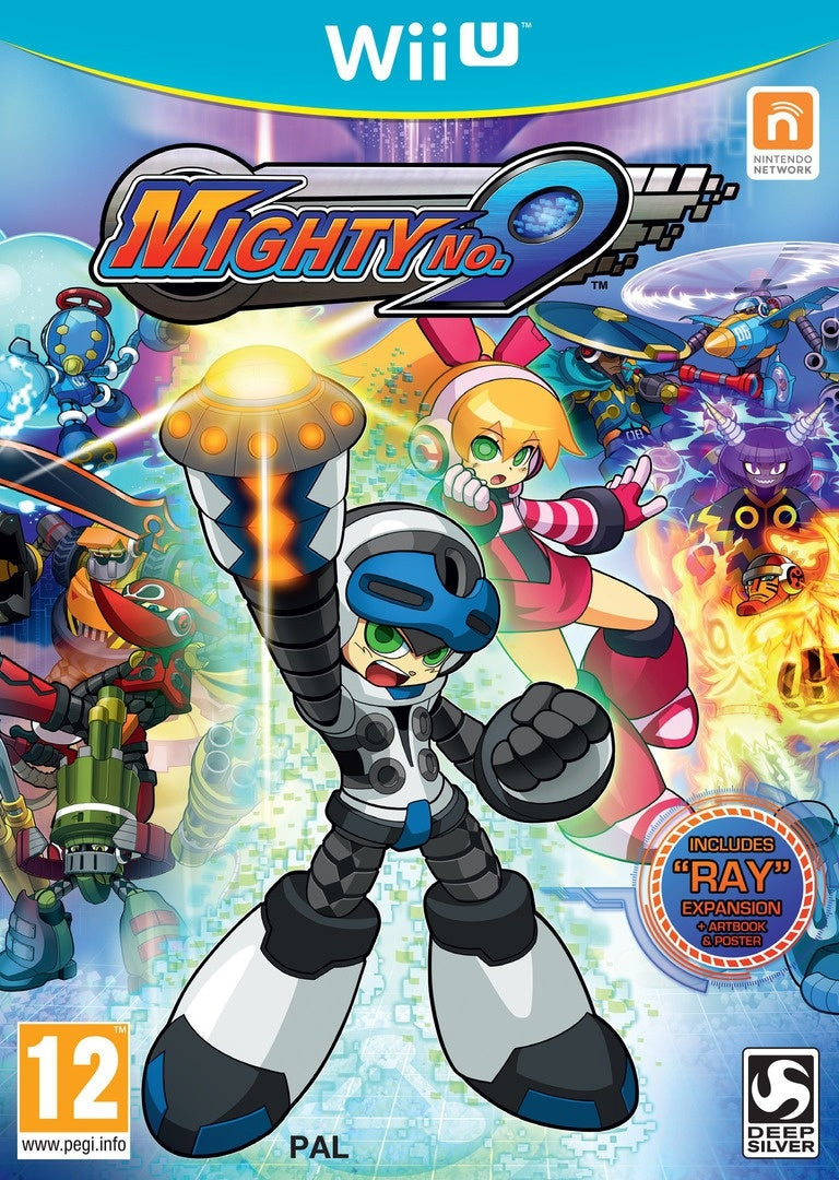 Nintendo Wii U Mighty No. 9 van Deep Silver, doos voorkant met een blauwwitte robotjongen, tweedehands