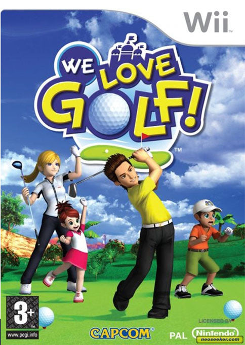 Nintendo Wii We Love Golf van Capcom, golfspel, doos voorkant met golfende personages, tweedehands