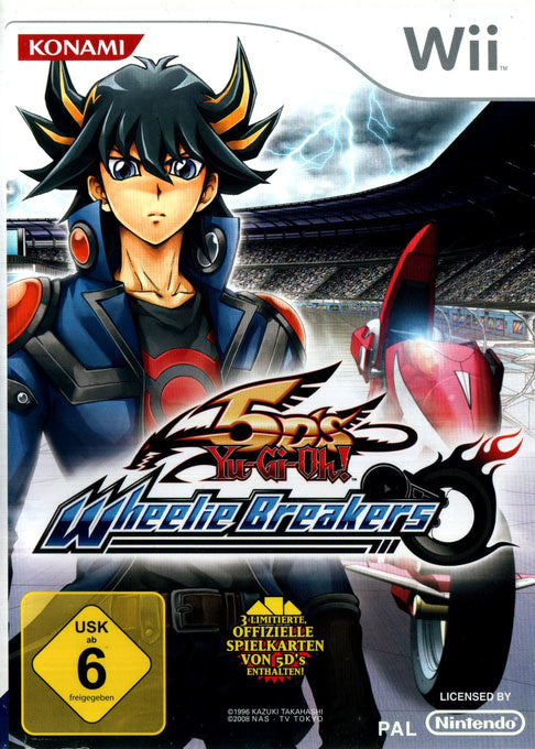 Nintendo Wii Yu-Gi-Oh 5D's Wheelie Breakers van Konami, doos voorkant, Duitse uitgave met USK 6-label, tweedehands