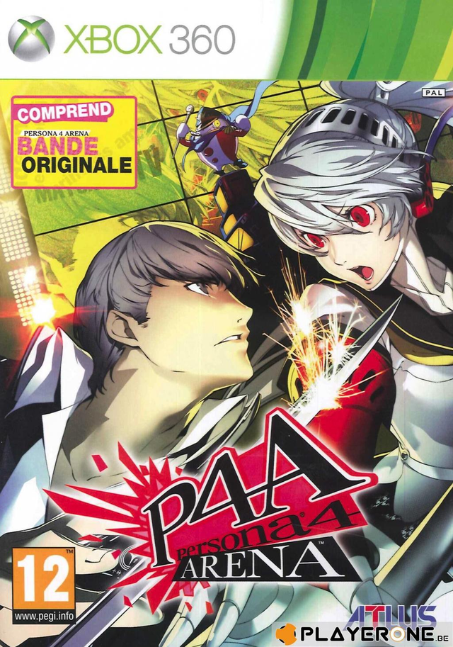 Xbox 360 Persona 4 Arena van Atlus, vechtgame, doos voorkant met Franse sticker, tweedehands