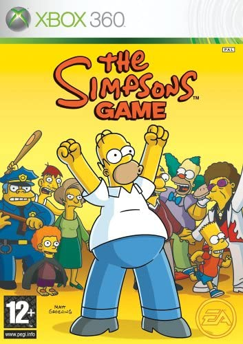 Xbox 360 The Simpsons Game van EA, doos voorkant met Homer en de inwoners van Springfield, tweedehands