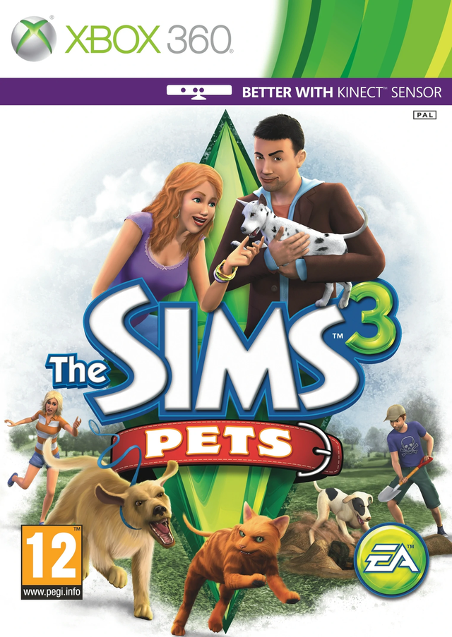 Xbox 360 The Sims 3 Pets, doos voorkant met honden en katten, tweedehands