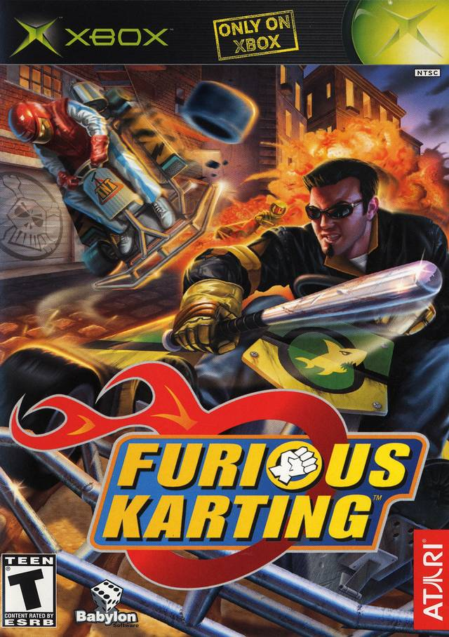 Xbox Furious Karting van Atari, ESRB-hoes met een man met zonnebril en knuppel en racende karts, tweedehands