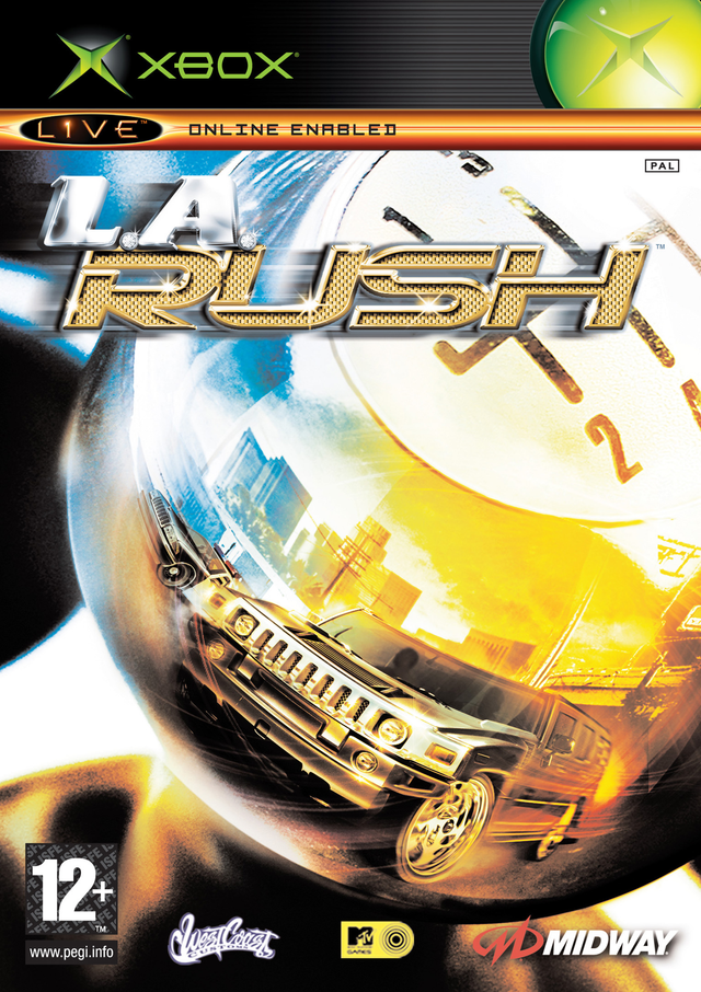 Xbox L.A. Rush van Midway, doos voorkant met gouden terreinwagen in een glimmende velg, tweedehands