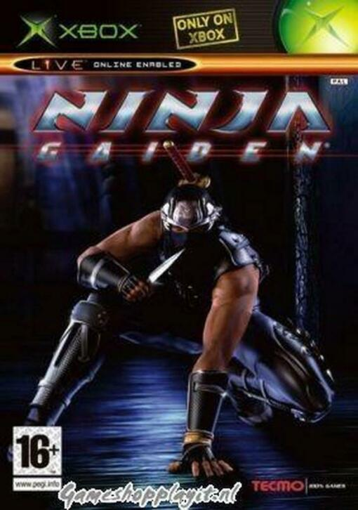 Xbox Ninja Gaiden van Tecmo, doos voorkant met een gehurkte ninja, tweedehands