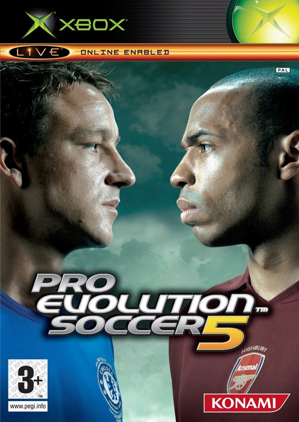Xbox Pro Evolution Soccer 5 van Konami, doos voorkant met twee voetballers oog in oog, tweedehands