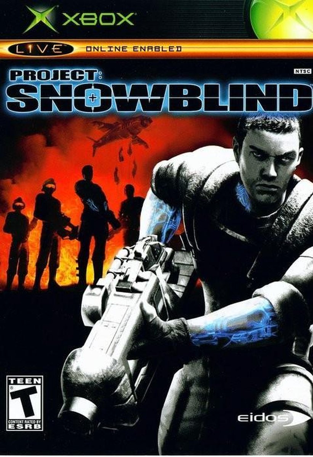 Xbox Project Snowblind van Eidos, ESRB-hoes met soldaat met geweer voor een vuurzee, tweedehands