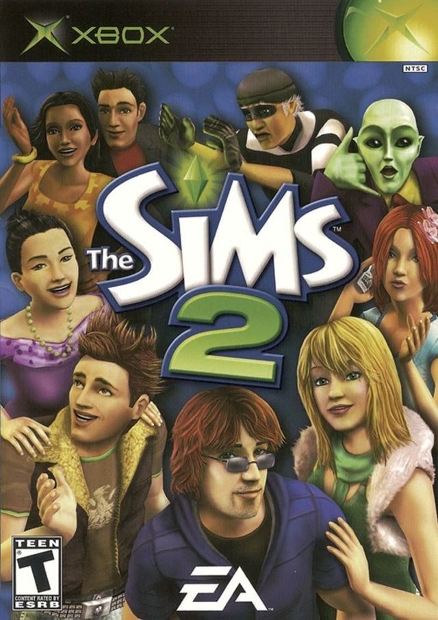 Xbox The Sims 2 van EA, ESRB-hoes met een groep Sims-figuren rond het groene logo, tweedehands