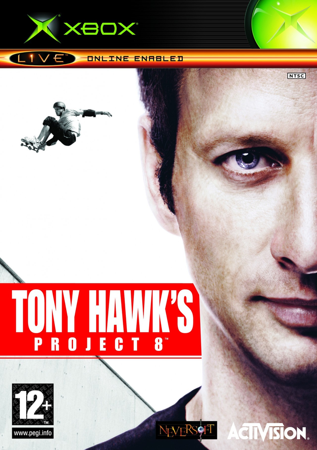 Xbox Tony Hawk's Project 8 van Activision, doos voorkant met close-up van een gezicht en een skater in de lucht, tweedehands