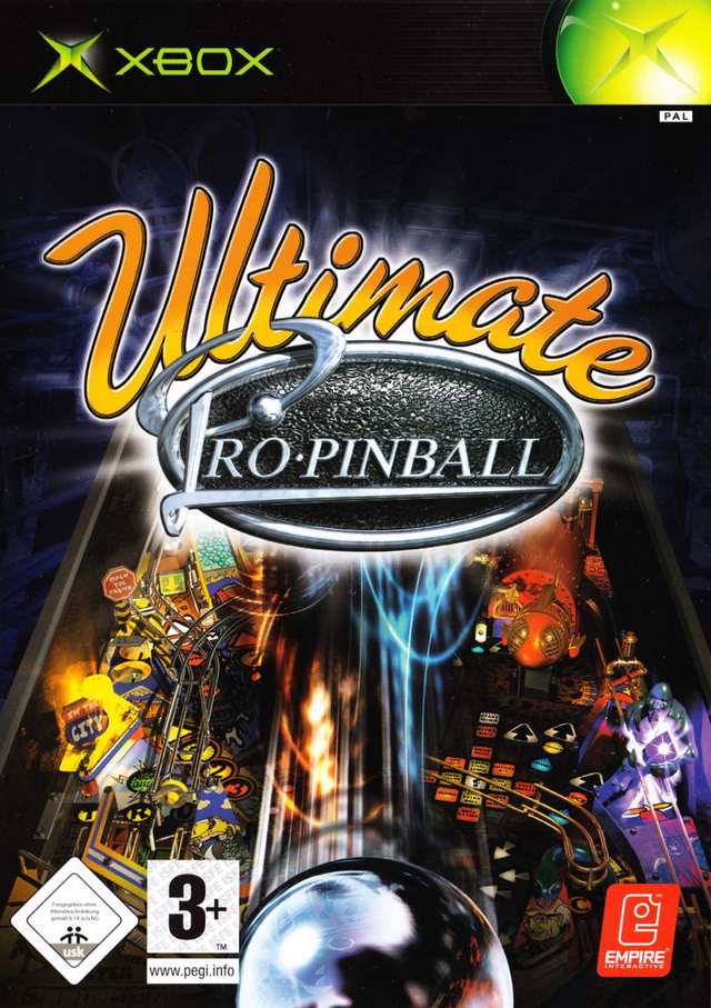 Xbox Ultimate Pro Pinball van Empire, doos voorkant met flipperkasten en een stalen kogel, tweedehands