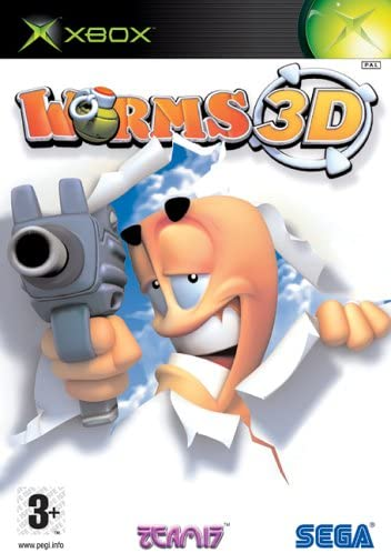 Xbox Worms 3D van Sega, doos voorkant met worm met bazooka die door papier breekt, tweedehands