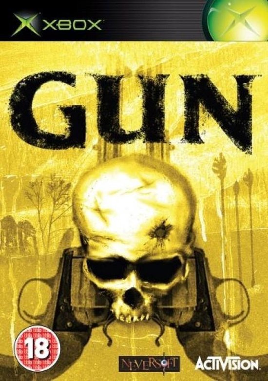 Xbox Gun, gele doos voorkant met een schedel tussen twee revolvers, Britse BBFC-uitgave