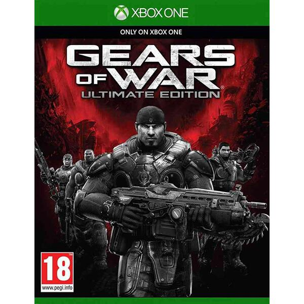 Xbox One Gears of War Ultimate Edition, doos voorkant met soldaat in pantser tegen rode achtergrond, tweedehands
