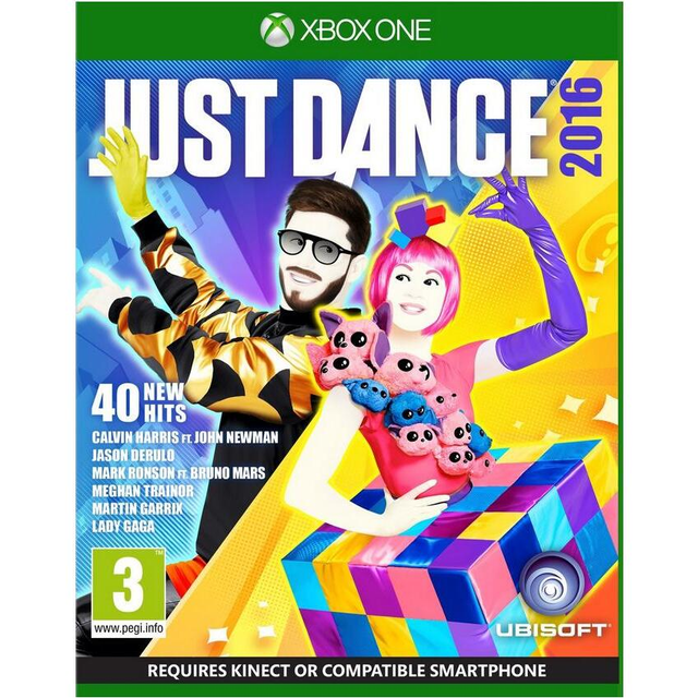 Xbox One Just Dance 2016 van Ubisoft, doos voorkant met twee dansers, Kinect of smartphone vereist, tweedehands
