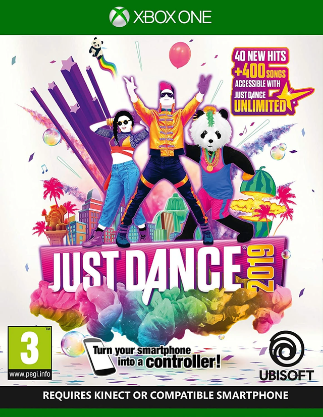 Xbox One Just Dance 2019 van Ubisoft, doos voorkant met dansers en panda, Kinect of smartphone vereist, tweedehands