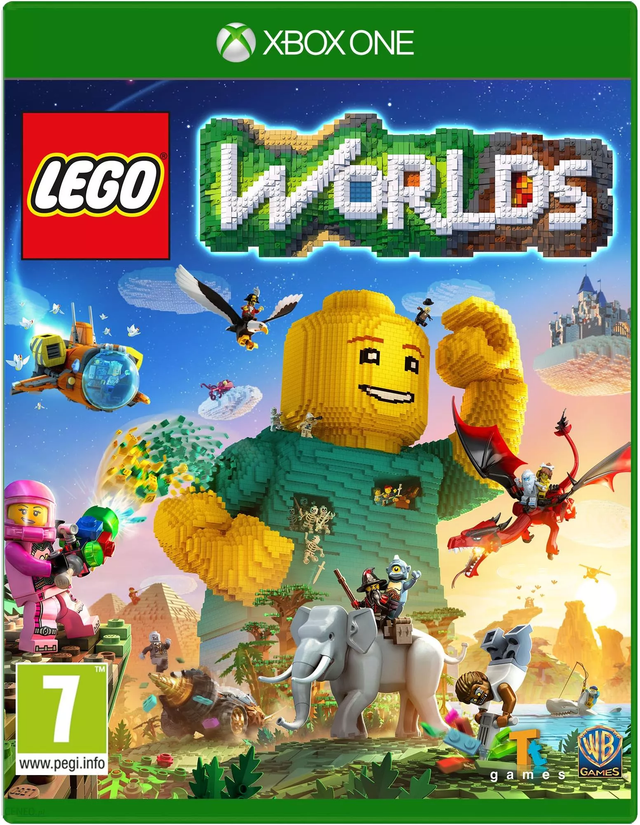 Xbox One LEGO Worlds van Warner Bros, doos voorkant met reuzenminifiguur van blokjes, dieren en figuren, tweedehands
