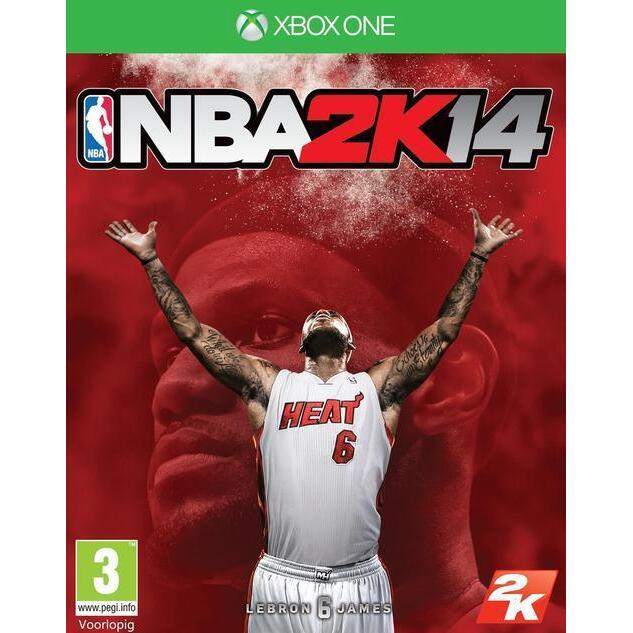 Xbox One NBA 2K14 van 2K, voorlopige hoes met basketballer in wit Heat-shirt met de armen omhoog, tweedehands