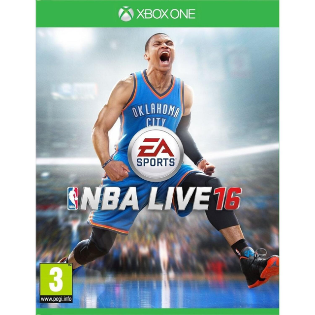 Xbox One NBA Live 16 van EA Sports, doos voorkant met juichende basketballer in blauw shirt, tweedehands
