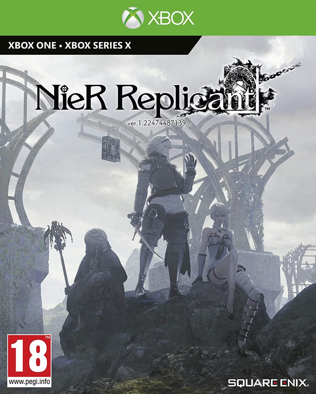 Xbox One NieR Replicant ver.1.22474487139 van Square Enix, doos voorkant met figuren tussen grijze ruïnes, tweedehands