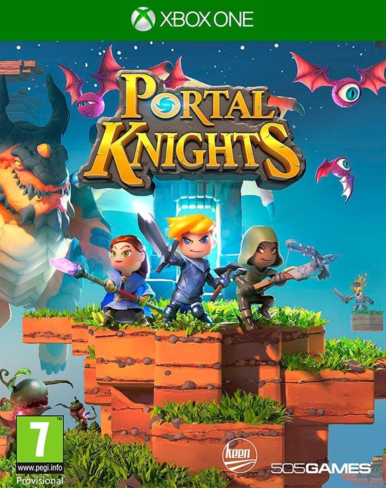 Xbox One Portal Knights van 505 Games, voorlopige hoes met drie getekende helden op zwevende blokken, tweedehands