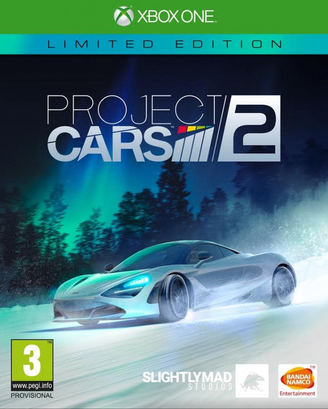 Xbox One Project CARS 2 Limited Edition, doos voorkant met een zilveren sportwagen in de sneeuw, voorlopige hoes