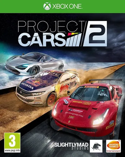 Xbox One Project Cars 2 van Bandai Namco, doos voorkant met een rode, een witte en een rallyauto, tweedehands