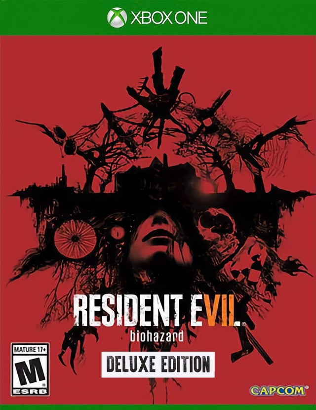 Xbox One Resident Evil 7 biohazard Deluxe Edition, rode doos voorkant met een gezicht tussen takken, Amerikaanse ESRB-uitgave