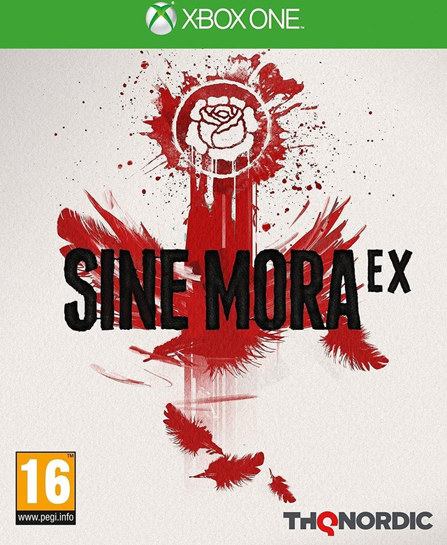 Xbox One Sine Mora EX van THQ Nordic, doos voorkant met rode roos en veren op witte achtergrond, tweedehands