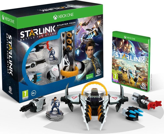 Xbox One Starlink Battle for Atlas Starter Pack, doos met ervoor de controllerhouder, figuur, ruimteschip en spelhoes