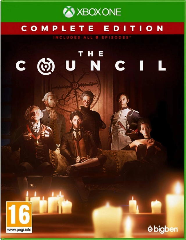 Xbox One The Council Complete Edition van Bigben, doos voorkant met figuren in een zaal met kaarsen, tweedehands