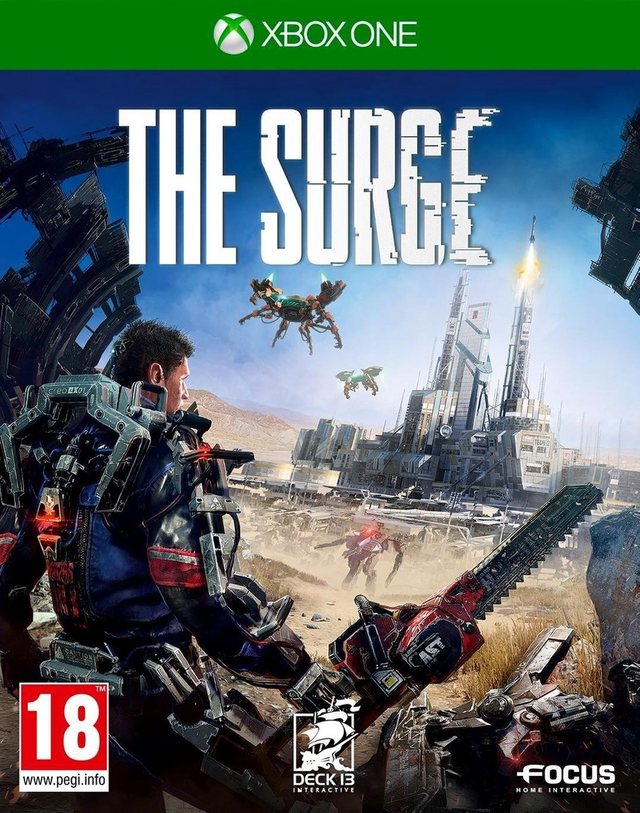 Xbox One The Surge van Focus, doos voorkant met man in exoskelet voor een fabriekscomplex, tweedehands