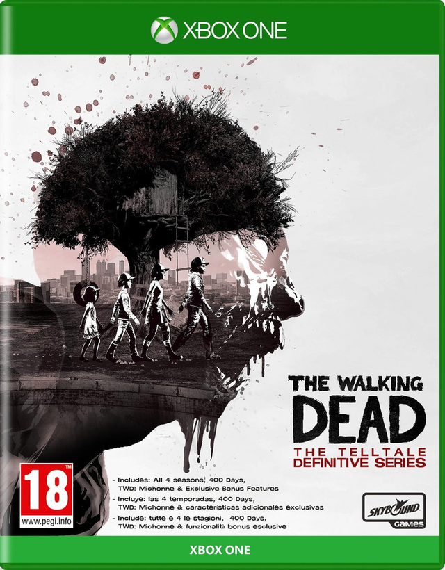 Xbox One The Walking Dead The Telltale Definitive Series van Skybound, doos voorkant met boom en silhouetten, tweedehands
