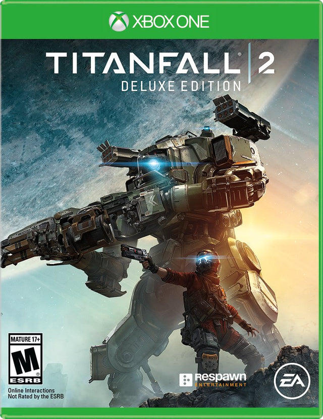Xbox One Titanfall 2 Deluxe Edition, doos voorkant met een grote robot en een soldaat, Amerikaanse ESRB-uitgave
